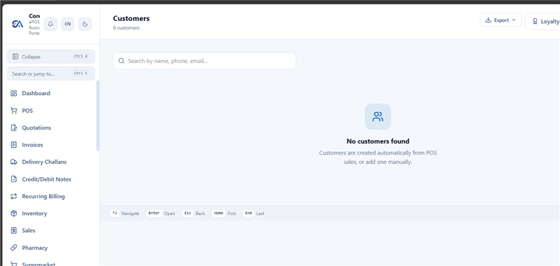 CRM screen — customer directory with search, export, and loyalty features