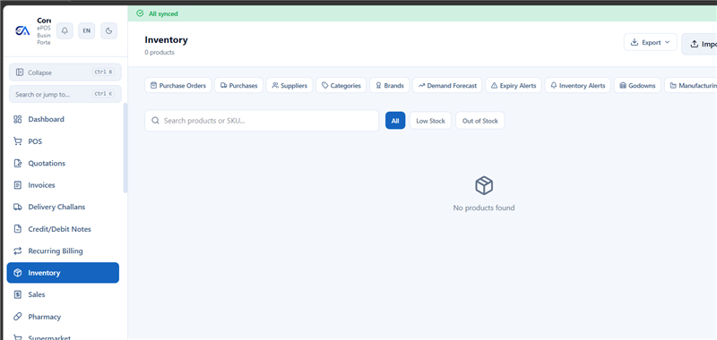 Inventory screen — manage products, purchase orders, suppliers, categories, and stock alerts