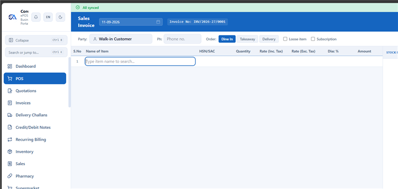 POS screen — create sales invoices with item search, customer selection, and order types