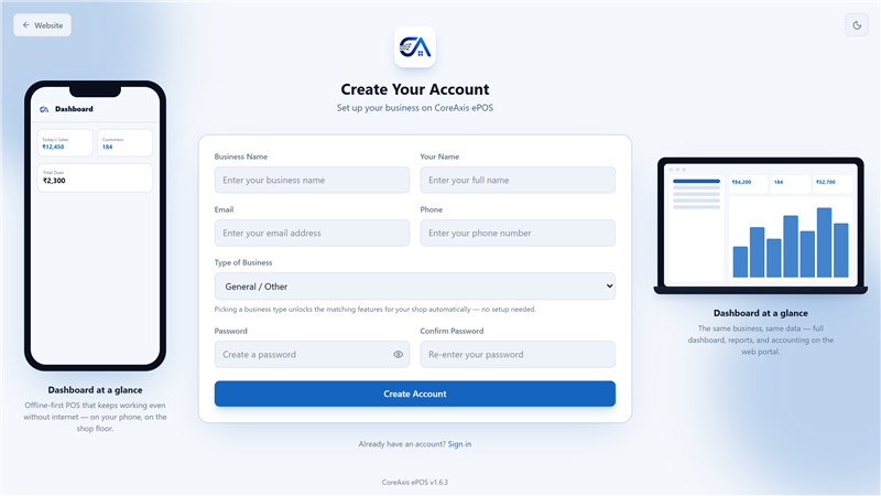 Registration screen — create your CoreAxis ePOS account