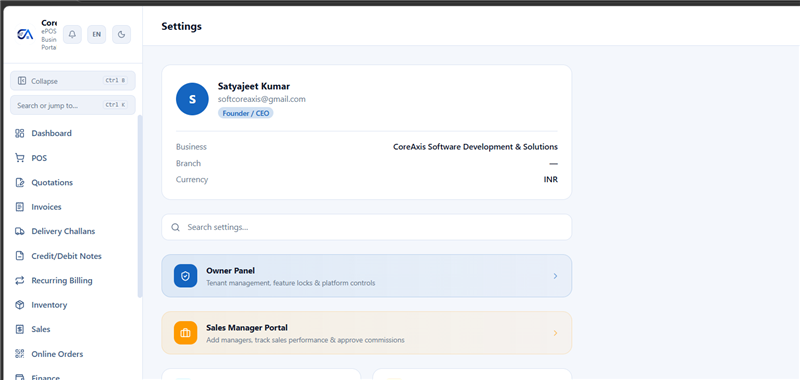 Settings — business profile, team management, billing, and integrations